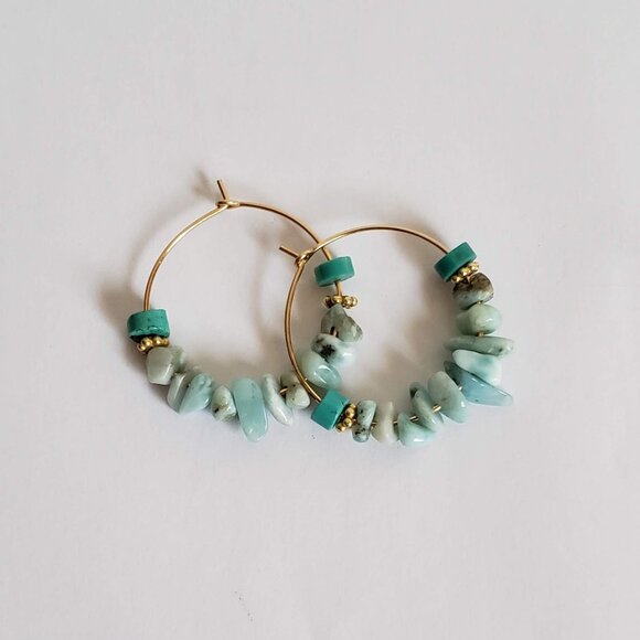 Natural LARIMAR & TURQUOISE 14k Gold Filled Hoop Earring Rustic Raw Artisan made - Picture 6 of 7